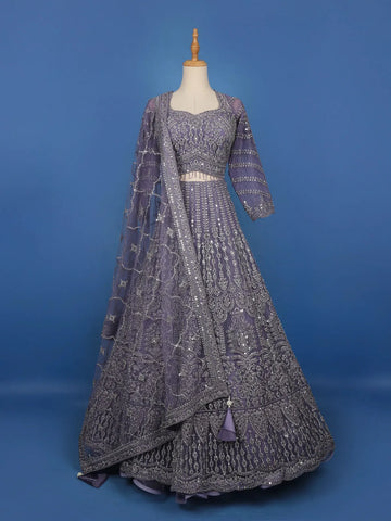 Lavender Floral Embroidered Design Net Bridal Lehenga - Diadem