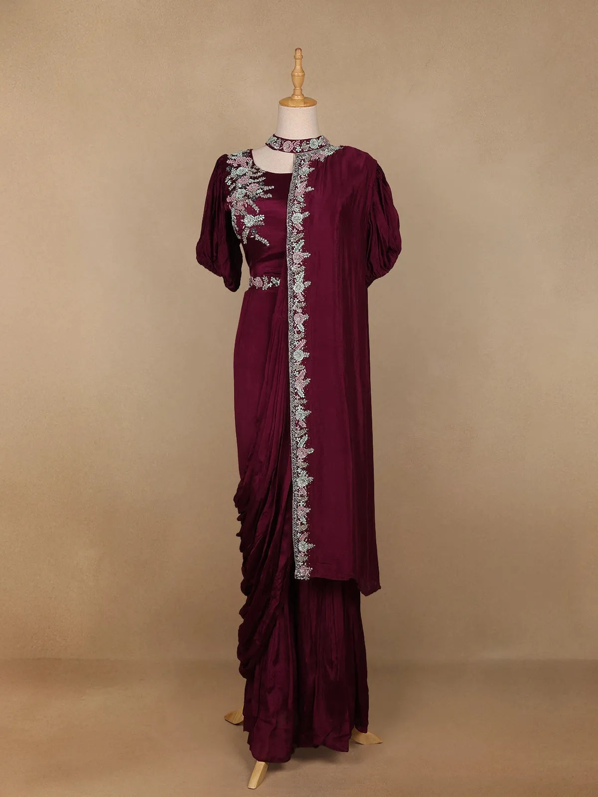 Wine Floral Designed Crepe Sharara Salwar Suit - Diadem