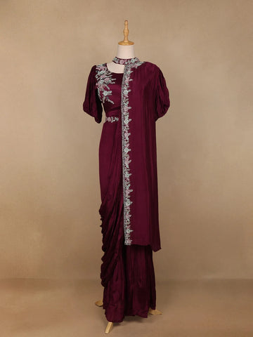 Wine Floral Designed Crepe Sharara Salwar Suit - Diadem