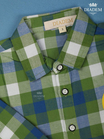 Pista Green And Blue Checked Full Sleeve Cotton Shirt - Diadem