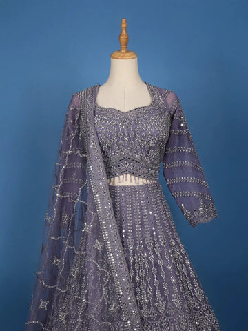 Lavender Floral Embroidered Design Net Bridal Lehenga - Diadem