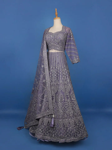 Lavender Floral Embroidered Design Net Bridal Lehenga - Diadem