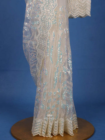 White Net Bridal Saree with Sequins Floral Design on the Body with Designed Border - Diadem