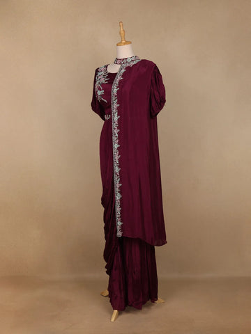 Wine Floral Designed Crepe Sharara Salwar Suit - Diadem