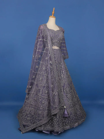 Lavender Floral Embroidered Design Net Bridal Lehenga - Diadem