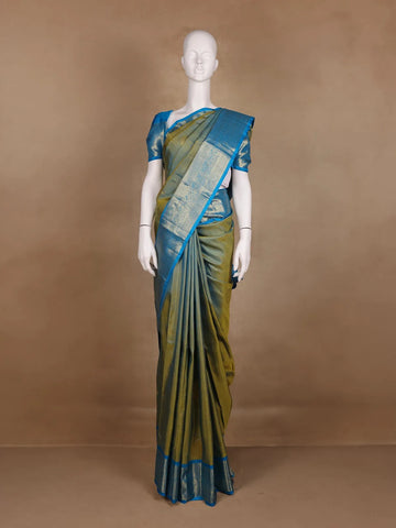 Olive Green Floral Motif Design Kanchipuram Silk Saree - Diadem