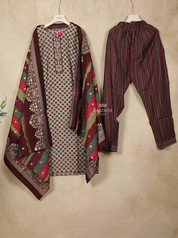 Light Brown Crepe Straight Cut Salwar Suit for Girls Adorned with Sequins and Floral Print, Paired with Dupatta - Diadem