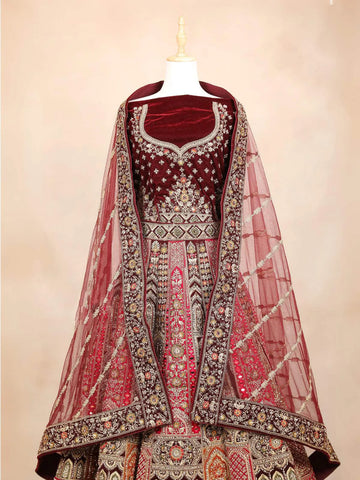 Maroon Velvet Bridal Lehenga for Women with Floral Embroidery - Diadem