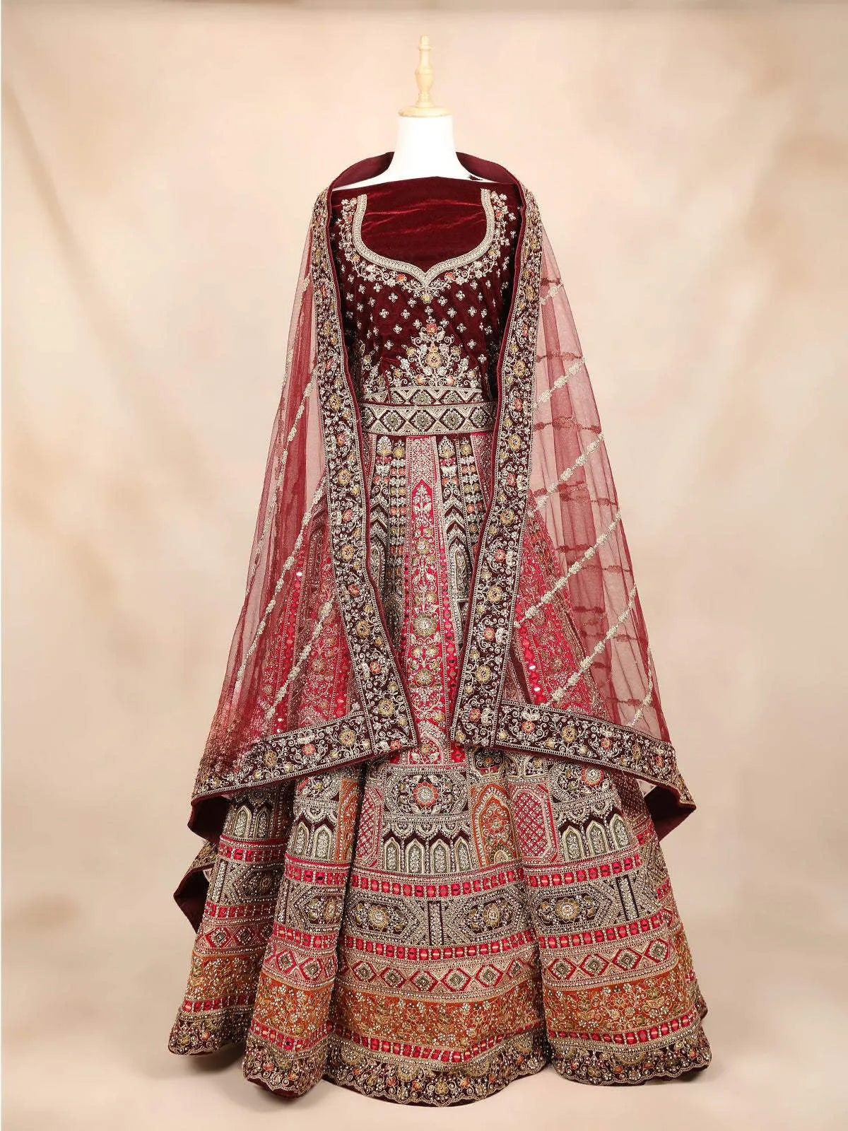 Maroon Velvet Bridal Lehenga for Women with Floral Embroidery - Diadem