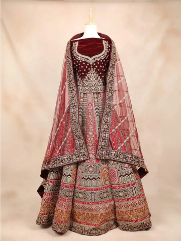 Maroon Velvet Bridal Lehenga for Women with Floral Embroidery - Diadem
