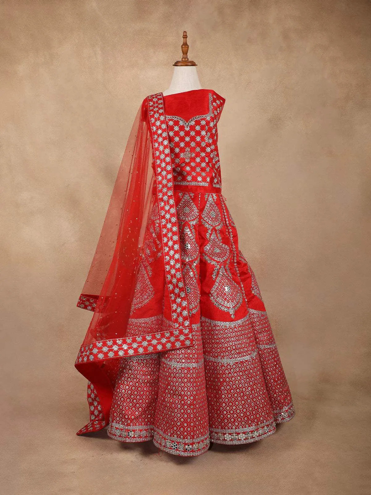 Red Raw Silk Semi-Stitched Lehenga Embellished with Floral Embroidery Paired with Net Dupatta - Diadem