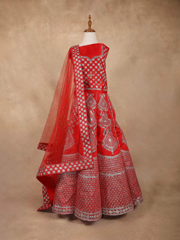 Red Raw Silk Semi-Stitched Lehenga Embellished with Floral Embroidery Paired with Net Dupatta - Diadem