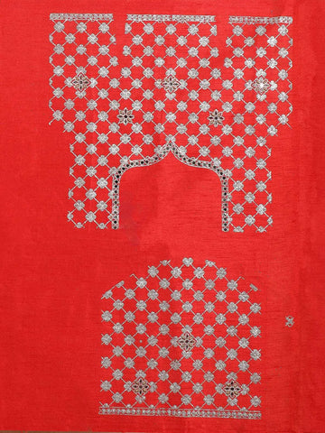 Red Raw Silk Semi-Stitched Lehenga Embellished with Floral Embroidery Paired with Net Dupatta - Diadem