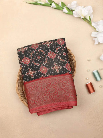 Black Chanderi Silk Saree with Illusion Design on the Body with Contrast Border - Diadem