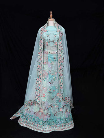 Light Green Bridal Lehenga for Women with Sequins Thread Floral Design - Diadem