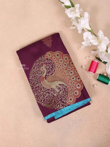 Wine Pure Kanchipuram Silk Saree with Peacock Design on the Body and without Border - Diadem