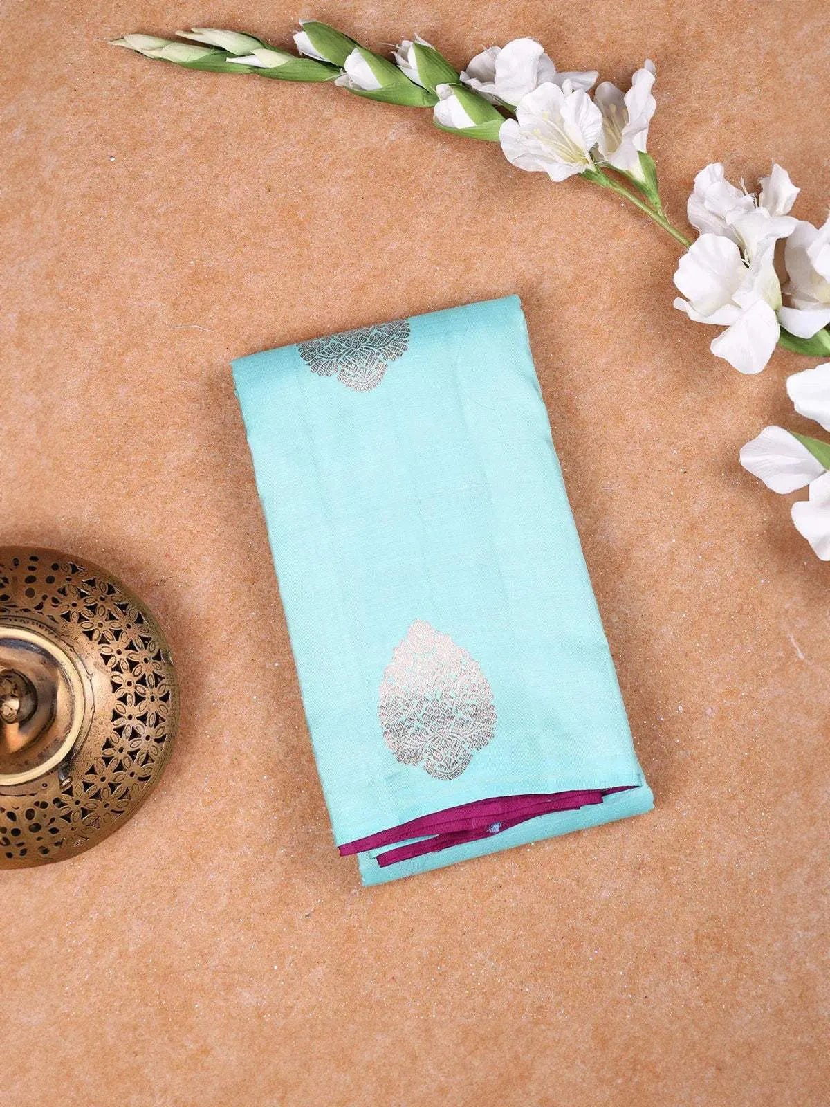 Teal Blue Pure Kanchipuram Bridal Silk Saree with Zari Butta on the Body with Zari Border - Diadem