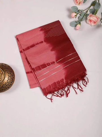 Red Pink Cotton Saree with Tie and Dye Design on the Body and without Border - Diadem