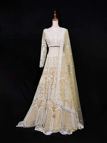 Light Yellow Net Bridal Lehenga with Floral Embroidery - Diadem