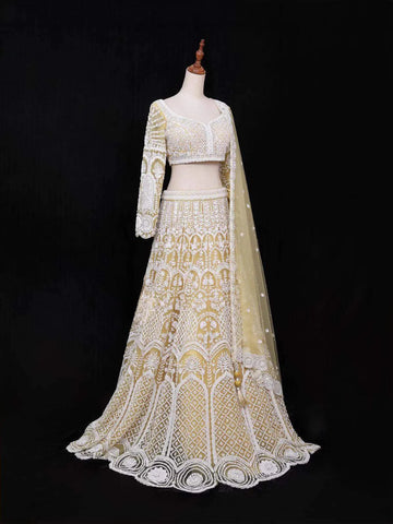 Light Yellow Net Bridal Lehenga with Floral Embroidery - Diadem