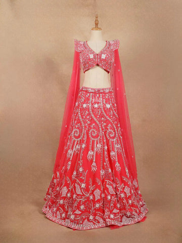 Red Lehenga Adorned with Sequins and Beads with 3D Flower Design with Dupatta - Diadem