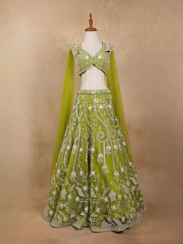 Green Lehenga Adorned with Sequins and Beads with 3D Flower Design with Dupatta - Diadem