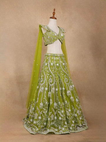 Green Lehenga Adorned with Sequins and Beads with 3D Flower Design with Dupatta - Diadem