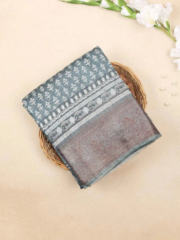 Navy Blue Chanderi Silk Saree with Small Floral Design on the Body with Matching Border - Diadem