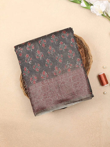 Navy Blue Chanderi Silk Saree with Floral Design & Designed Border - Diadem