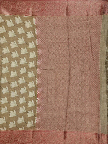 Olive Green Chanderi Silk Saree with Floral Design on the Body with Contrast Border - Diadem