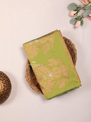 Parrot Green Silk Cotton Saree with Floral Motif on the body and Zari Border - Diadem