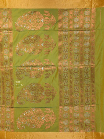 Parrot Green Silk Cotton Saree with Floral Motif on the body and Zari Border - Diadem