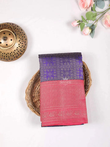 Navy Blue Pure Kanchipuram Bridal Silk Saree with Zari Brocade on the body and Contrast Zari Border - Diadem