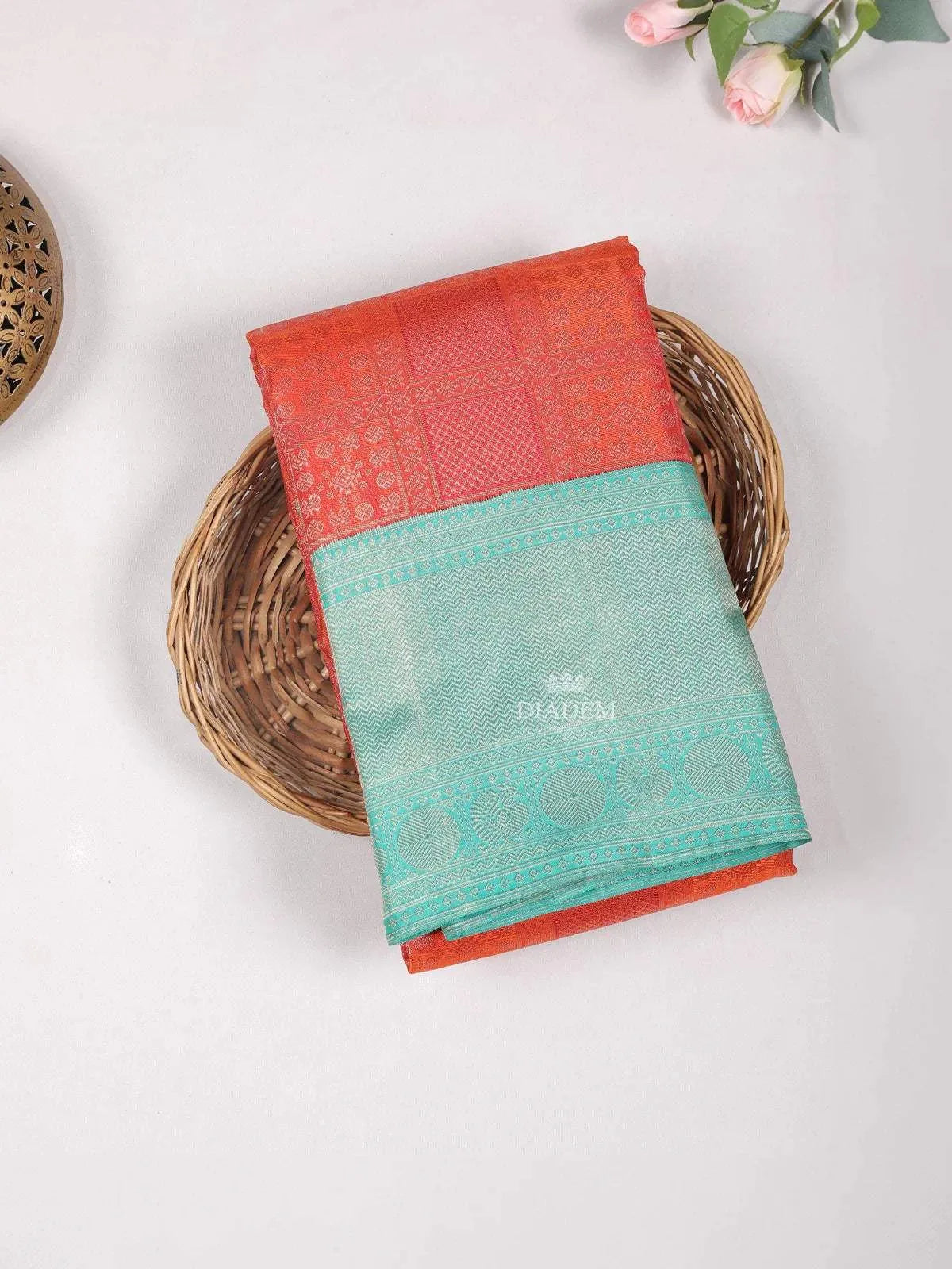 Red Orange Pure Kanchipuram Bridal Silk Saree with Zari Brocade on the body and Contrast Zari Border - Diadem