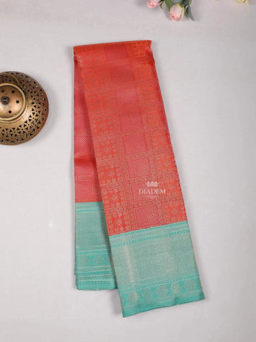Red Orange Pure Kanchipuram Bridal Silk Saree with Zari Brocade on the body and Contrast Zari Border - Diadem