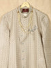 Beige Raw Silk Printed Sherwani Suit with Beaded Mala and Brooch - Diadem