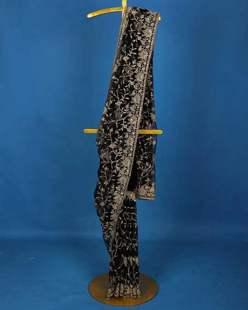 Black Floral Embroidery Designed Net Saree - Diadem
