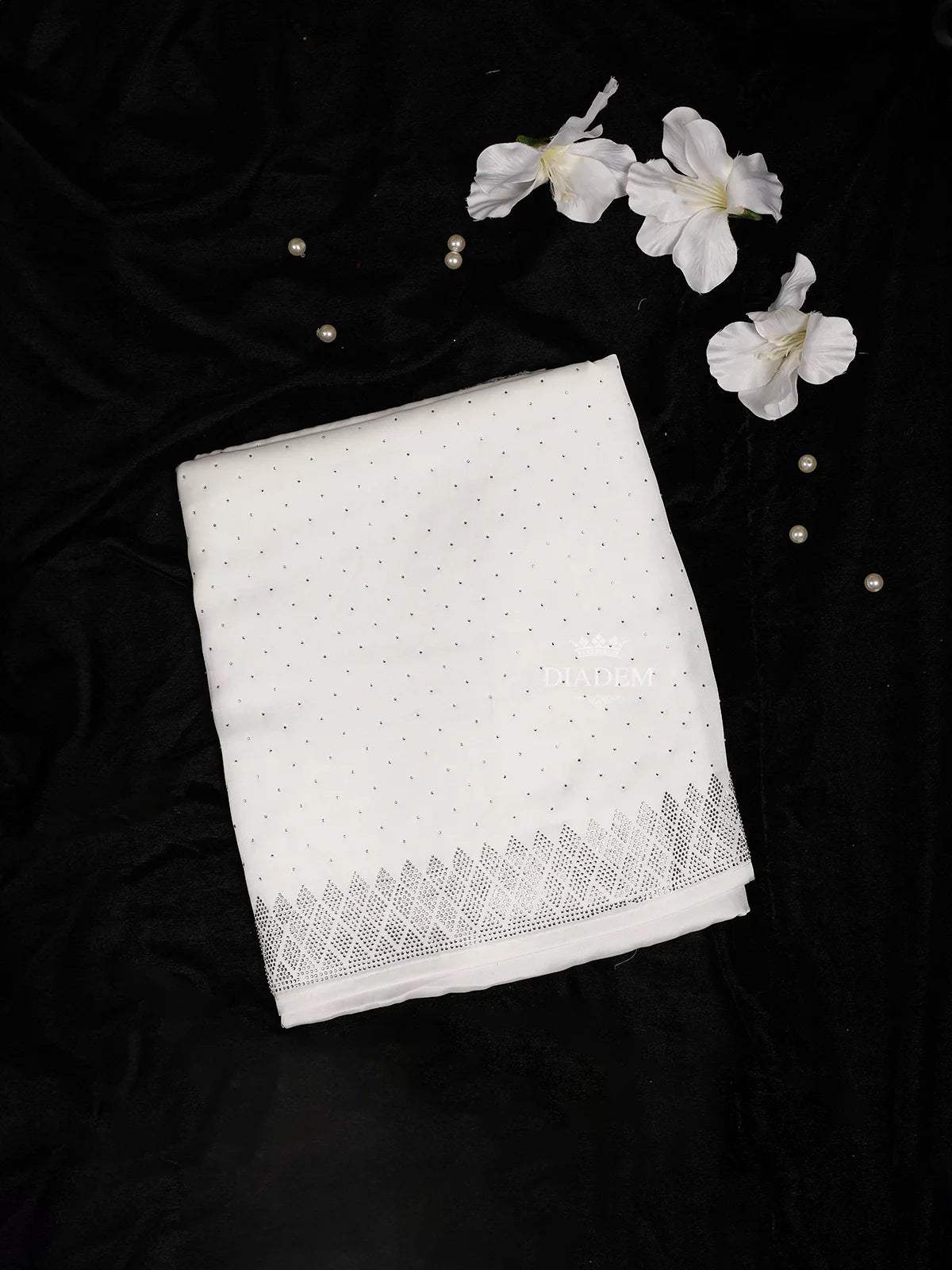 White Satin Bridal Saree with Beads and Dots Design on the Body with Design Border - Diadem