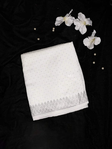 White Satin Bridal Saree with Beads and Dots Design on the Body with Design Border - Diadem