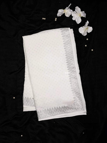 White Satin Bridal Saree with Beads and Dots Design on the Body with Design Border - Diadem