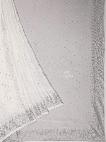 White Satin Bridal Saree with Beads and Dots Design on the Body with Design Border - Diadem