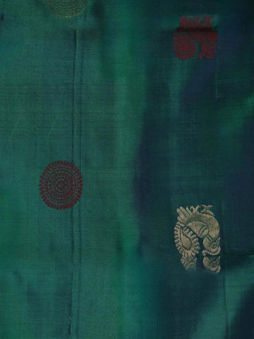 Dark Green Soft Silk Saree with Chakra and Peacock Motifs on the Body and without Border - Diadem