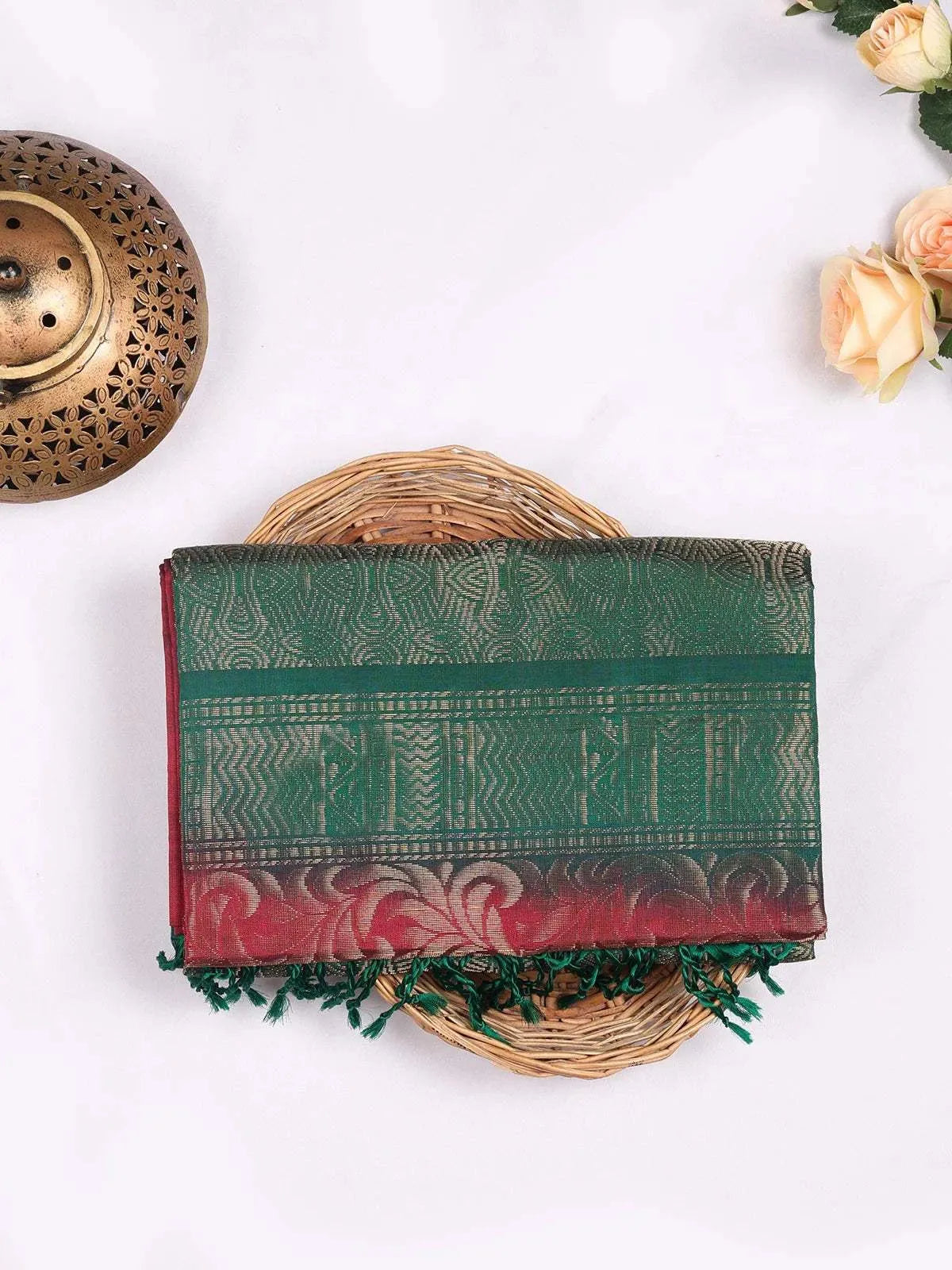 Dark Red Pure Kanchipuram Bridal Silk Saree with Zari Butta on the body and Contrast Zari Border - Diadem