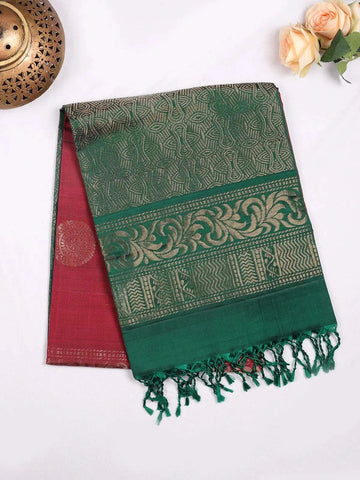 Dark Red Pure Kanchipuram Bridal Silk Saree with Zari Butta on the body and Contrast Zari Border - Diadem