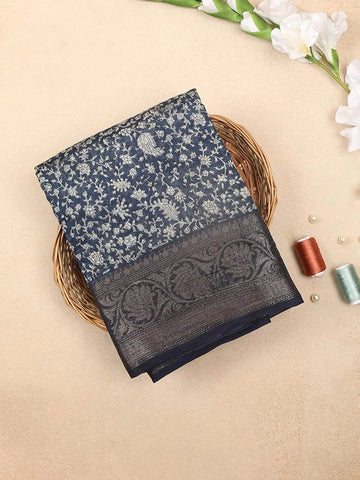 Navy Blue Chanderi Silk Saree with Paisley and Flower Design on the Body with Designed Border - Diadem