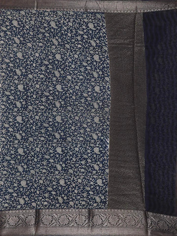 Navy Blue Chanderi Silk Saree with Paisley and Flower Design on the Body with Designed Border - Diadem