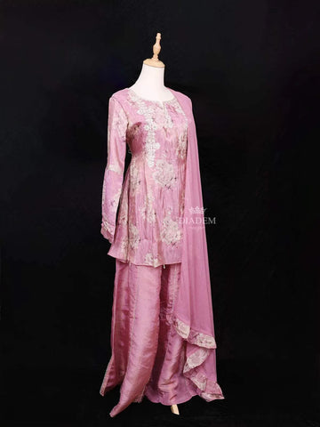 Baby Pink Palazzo Salwar Suit Adorned with Thread and Floral Prints Design with Dupatta - Diadem