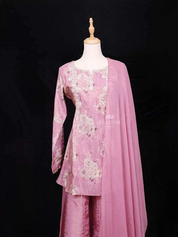 Baby Pink Palazzo Salwar Suit Adorned with Thread and Floral Prints Design with Dupatta - Diadem