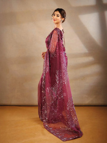 Deep Wine Bridal Organza Saree With Full Sequins Floral Design - Diadem