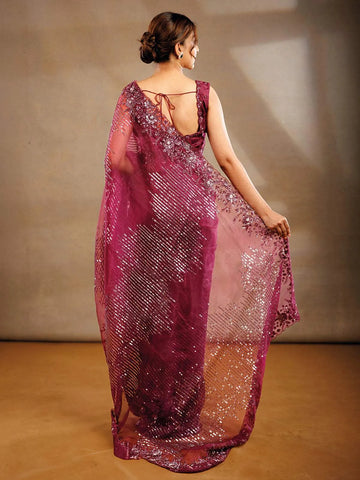 Deep Wine Bridal Organza Saree With Full Sequins Floral Design - Diadem